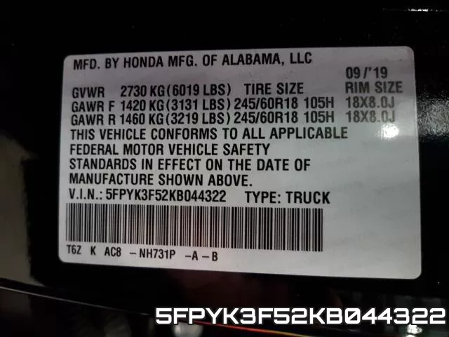5FPYK3F52KB044322 фото 2