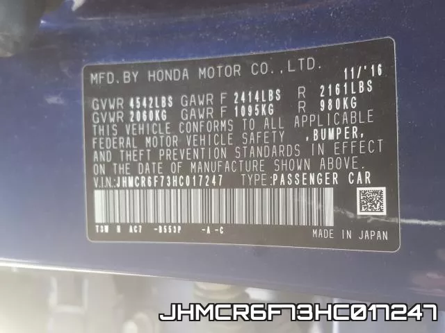 JHMCR6F73HC017247 фото 2