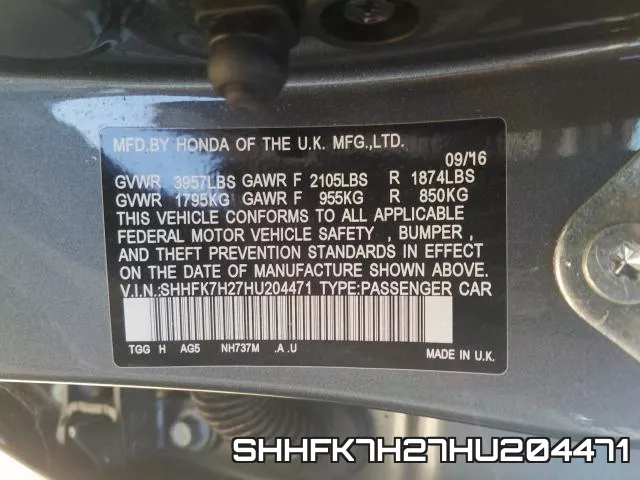 SHHFK7H27HU204471 фото 2