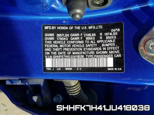 SHHFK7H41JU418038 фото 2