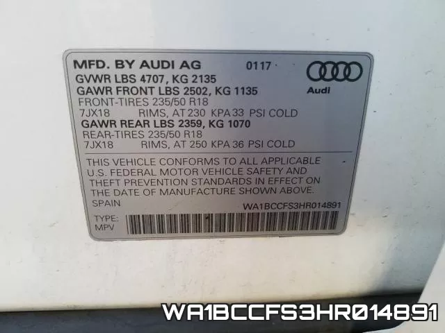 WA1BCCFS3HR014891 фото 2