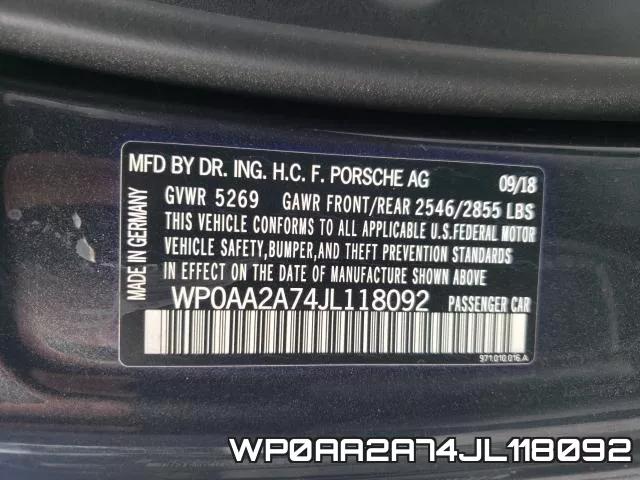 WP0AA2A74JL118092 фото 2