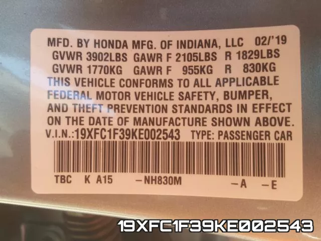19XFC1F39KE002543 фото 2