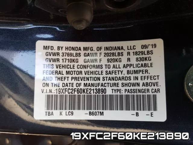 19XFC2F60KE213890 фото 2