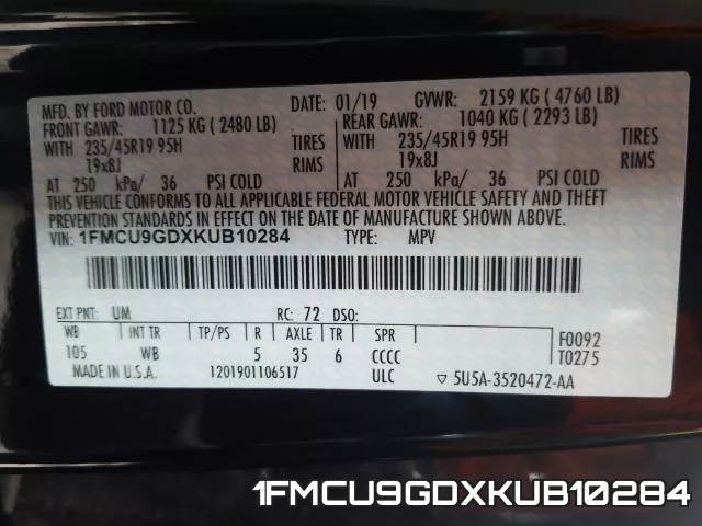 1FMCU9GDXKUB10284 фото 2