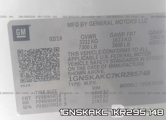 1GNSKAKC7KR295748 фото 10