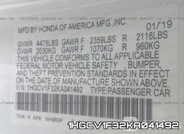 1HGCV1F32KA041492 фото 10