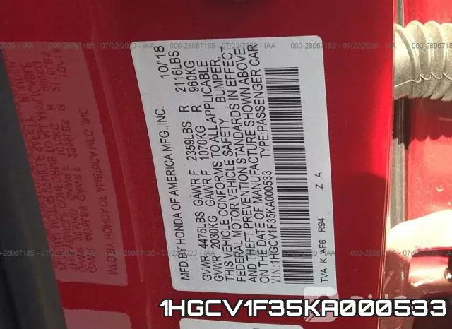 1HGCV1F35KA000533 фото 10