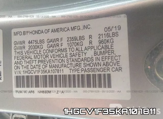 1HGCV1F35KA107811 фото 10