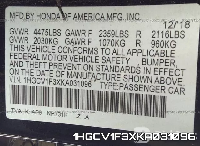 1HGCV1F3XKA031096 фото 10