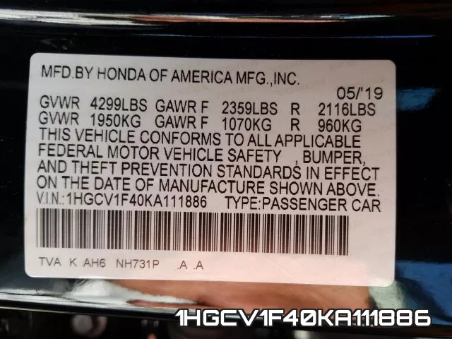 1HGCV1F40KA111886 фото 2