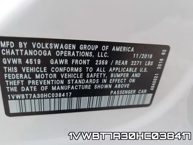 1VWBT7A30HC038417 фото 2