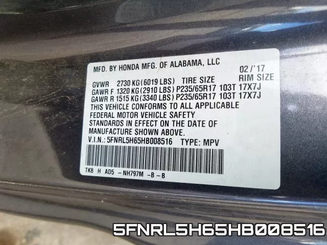 5FNRL5H65HB008516 фото 2