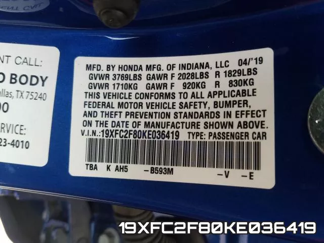 19XFC2F80KE036419 фото 2