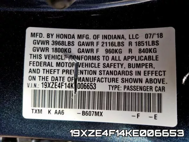 19XZE4F14KE006653 фото 2