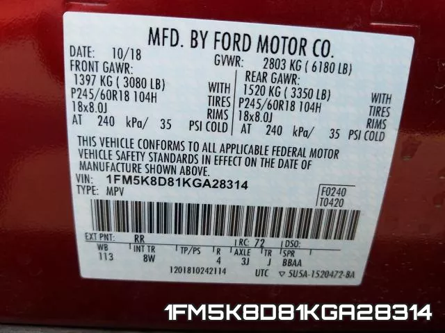 1FM5K8D81KGA28314 фото 2