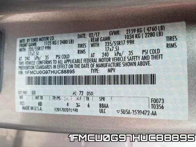 1FMCU0G97HUC88895 фото 2