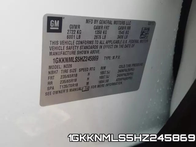 1GKKNMLS5HZ245869 фото 2