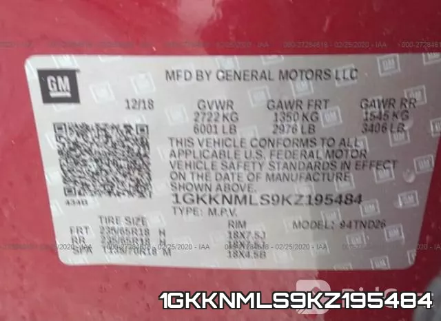1GKKNMLS9KZ195484 фото 10