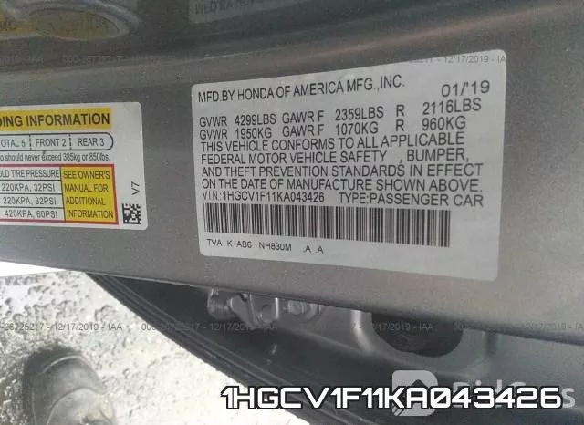 1HGCV1F11KA043426 фото 10