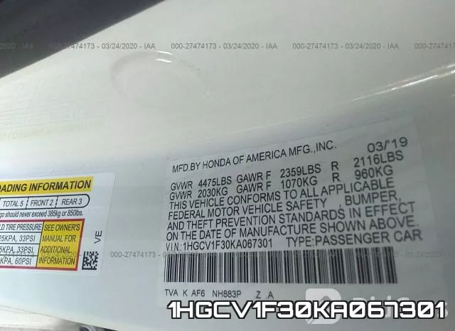 1HGCV1F30KA067301 фото 10