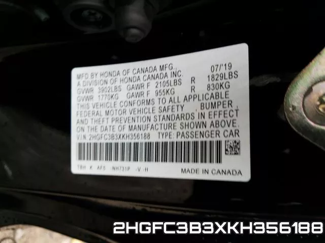 2HGFC3B3XKH356188 фото 2