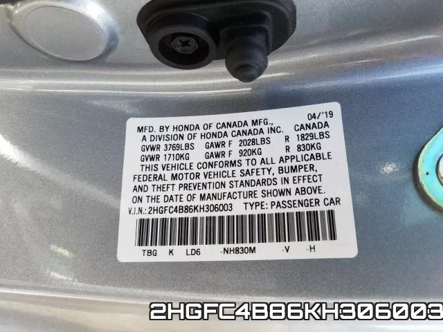 2HGFC4B86KH306003 фото 2