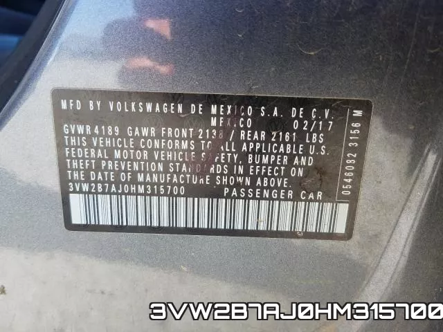 3VW2B7AJ0HM315700 фото 2