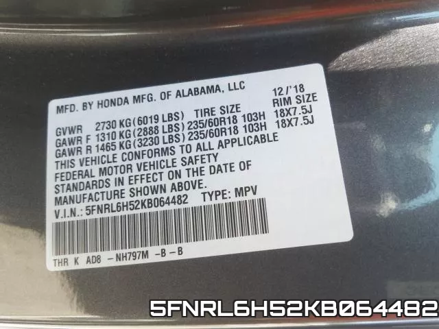 5FNRL6H52KB064482 фото 2
