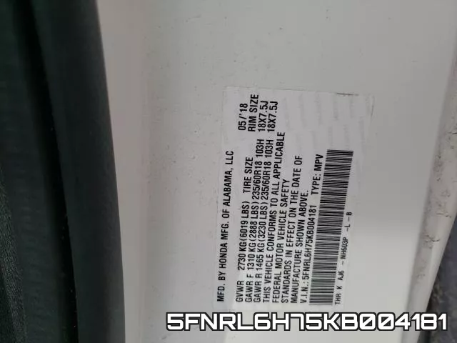 5FNRL6H75KB004181 фото 2