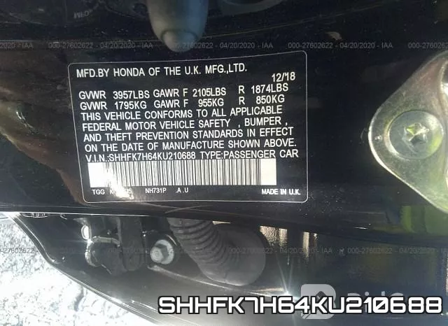 SHHFK7H64KU210688 фото 10