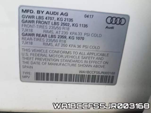 WA1BCCFS5JR003168 фото 2