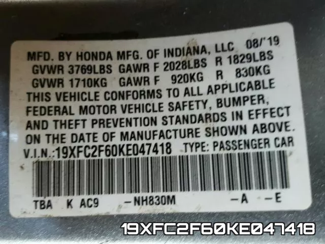 19XFC2F60KE047418 фото 2