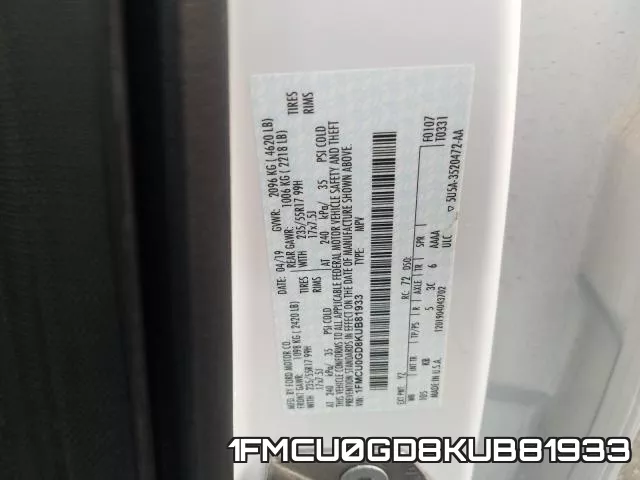 1FMCU0GD8KUB81933 фото 2