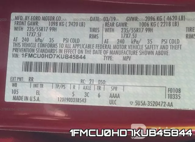 1FMCU0HD7KUB45844 фото 10