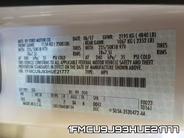 1FMCU9J93HUE21777 фото 2