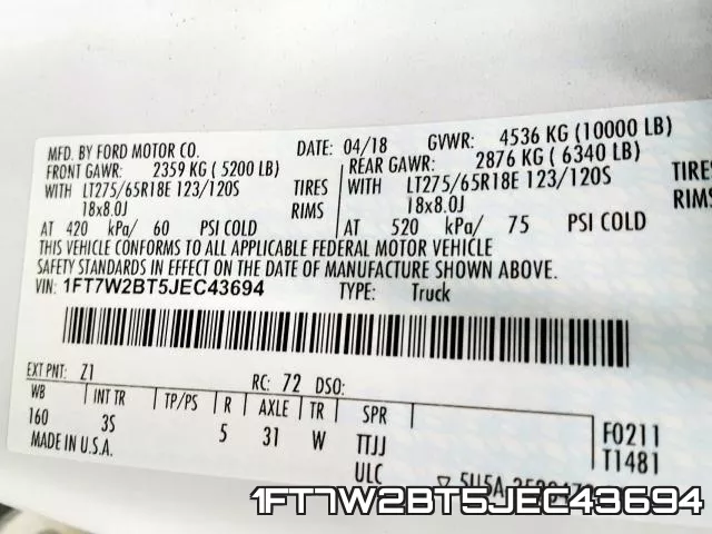 1FT7W2BT5JEC43694 фото 2