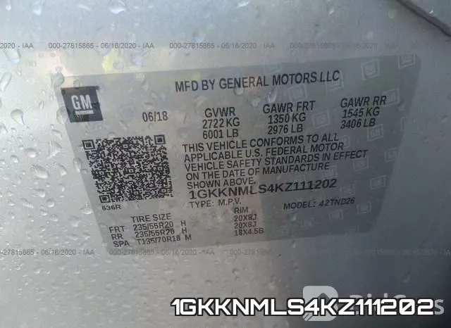 1GKKNMLS4KZ111202 фото 10