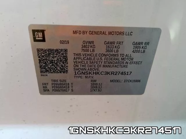 1GNSKHKC3KR274517 фото 2