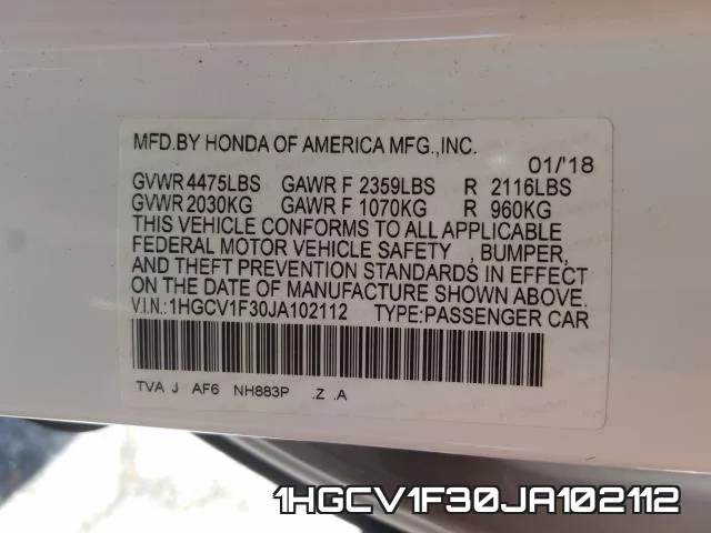 1HGCV1F30JA102112 фото 2
