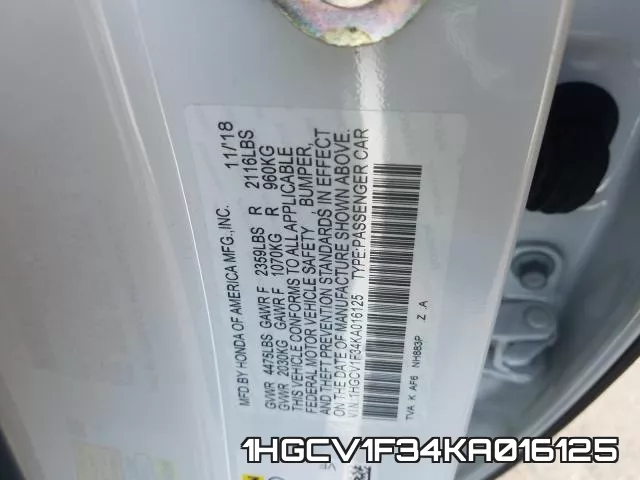 1HGCV1F34KA016125 фото 2