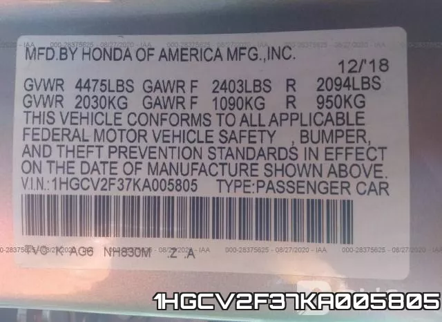 1HGCV2F37KA005805 фото 10