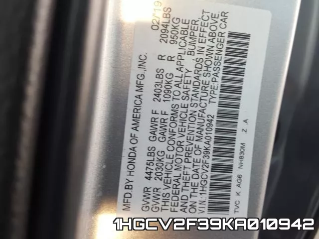 1HGCV2F39KA010942 фото 2