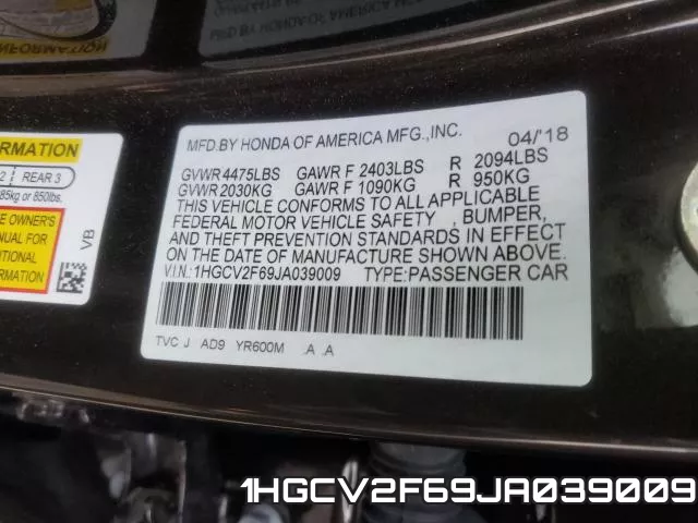 1HGCV2F69JA039009 фото 2