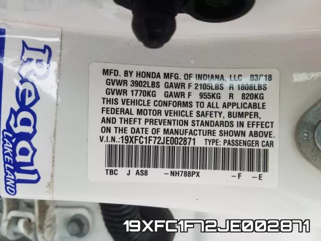 19XFC1F72JE002871 фото 2