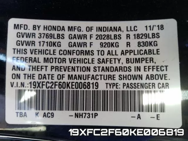 19XFC2F60KE006819 фото 2