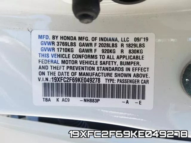 19XFC2F69KE049278 фото 2