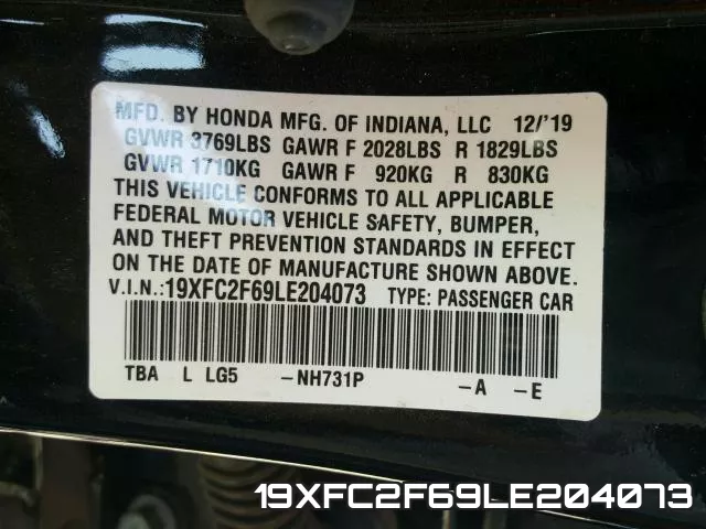 19XFC2F69LE204073 фото 2