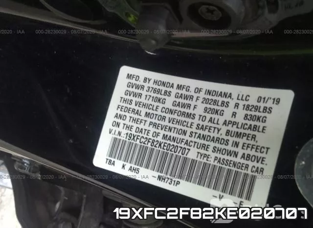 19XFC2F82KE020707 фото 10