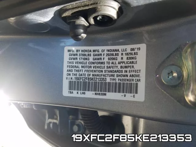 19XFC2F85KE213353 фото 2